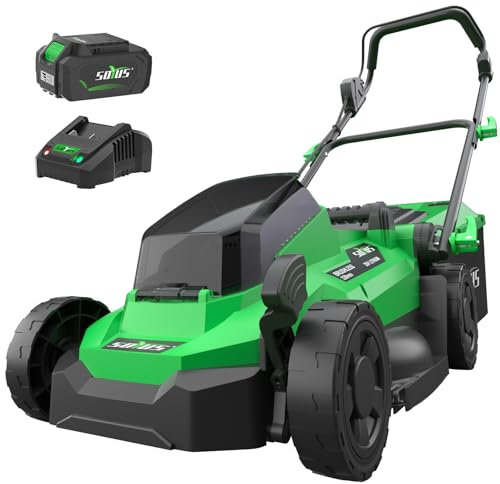SOYUS Tosaerba elettrico senza fili, 33 cm, 20 V, con motore brushless, regolazione in altezza in 5 posizioni, batteria da 4,0 Ah e caricabatterie inclusi
