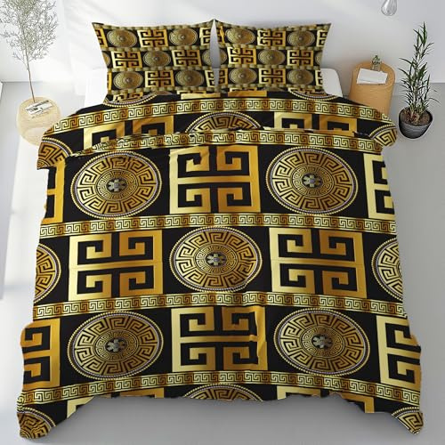 Griechische Mäander Bettbezug 200x220,Schwarz Gold Greek Key Bettwäsche Set | Antike Luxus Dekor Bettwäsche 3 Teilig mit Reißverschluss, Wendebettwäsche mit 2 Kissenbezug