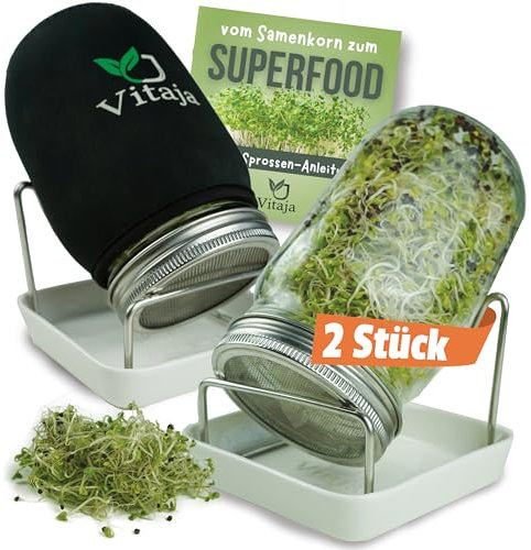Vitaja Sprossenglas Keimglas Set mit Keramikschale - Set für Sprossen Anzucht - (inkl. Abdunklungshülle) - Keimgläser für Sprossenzucht - Anzuchtset für die Fensterbank (2er Set)