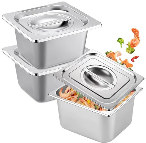 3 Pièces Bac Gastronorme, Bac Inox Alimentaire avec Couvercle, Plat Inox Barbecue, Plat Rectangulaire pour Mariner Viande, Escalopes, Empilable Set à Panure, Récipient pour Cuisine (17.5x16.5x10cm)