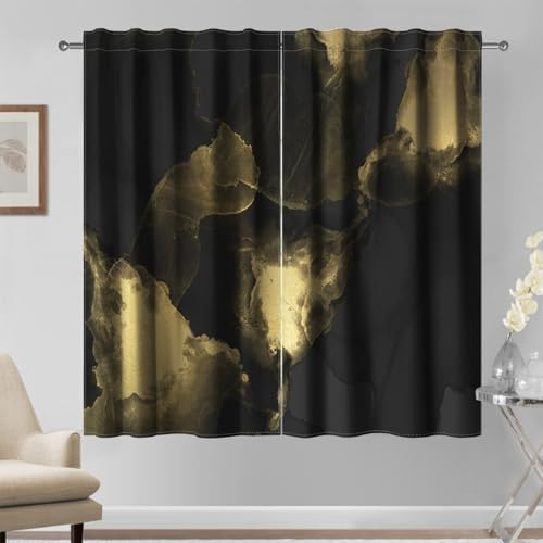 Kzzfqxb 107x160cm Marmorstruktur Vorhänge 2 Paneele, Moderne abstrakte Kunst Schwarze Tinte goldene Lichtwolken Fenstervorhänge, Dekoration für Wohnzimmer und Schlafzimmer