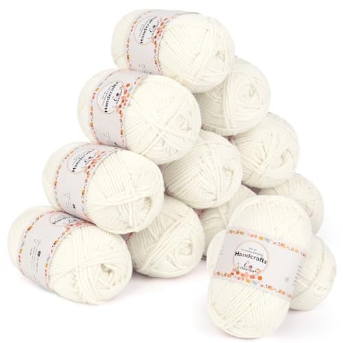 Aeelike 600g(12x50g) Garn Baumwollgarn zum Häkeln, Strickgarn Polyacryl Häkelgarn Bunt Zum Stricken, Häkeln und Kunsthandwerk, 5Ply Acrylwolle Set Baumwolle für Anfänger, Profis, Milchig Weiß
