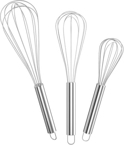 Grixz 3-Pack Stainless Steel Whisk, 8-Inch Mini,10-Inch Small, 12-Inch Handheld Whisk for Cooking, Beating, Stirring, Blending, Silver