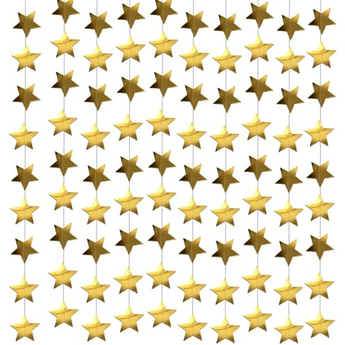 105 Feet Gold Star Garland, 8 Strands Glitter Paper Star String, 2.4 Inch Hanging Star Decorations for Christmas Tree, Birthday Party, Wedding, Ceiling Decor, Gold Paper Stars for Party Decor