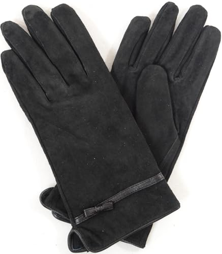 Womens Soft Suede Gloves with Leather Trim and Bow Design - Black - Large (7.5)