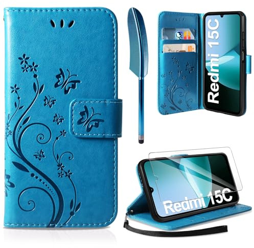 AROYI Lederhülle Kompatibel mit Xiaomi Redmi 15C 5G/4G Hülle und Schutzfolie, Flip Wallet Handyhülle PU Leder Case Schutzhülle Kompatibel mit Xiaomi Redmi 15C Blau