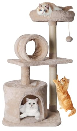 Erreyht Arbre à Chat 83cm Haut, Tour de Jeux Chat avec Niche Annulaire & Niche Cylindrique, Poteaux Sisal & Jouet Pompon, Stable Base 43 * 33cm, Idéal pour Chats Petits/Juvéniles, Beige Clair