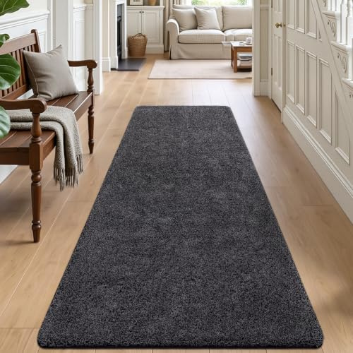 DEXI Flur Teppich Läufer 80 x 250 cm, rutschfest, Schwarz-grau | Maschinenwaschbar, Saugstark, Schmutzfangmatte, Für Flur, Küche & Haustür