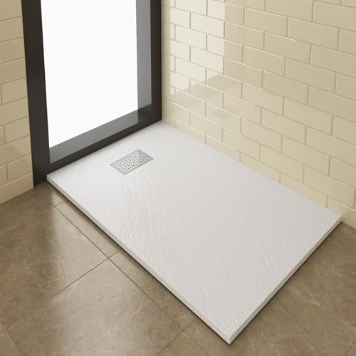 ZANOFIRA 1600 x 700mm SMC Shower Tray with Stainless Steel Drain, White | Anti-Slip Slate Effect Resin-Based SMC Tray with A Low Profile, Cuttable Design for Flexible and Easy Installation.