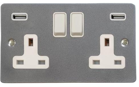 Flat Pewter Double Socket with USB (White Switches) - FP910W