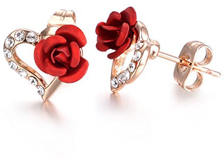 Vissen Clous Boucle d'oreille Coeur Femme Fleur Rose Rouge Mariage Strass Boucles D'oreilles Plaqué or Rose La Saint Valentin