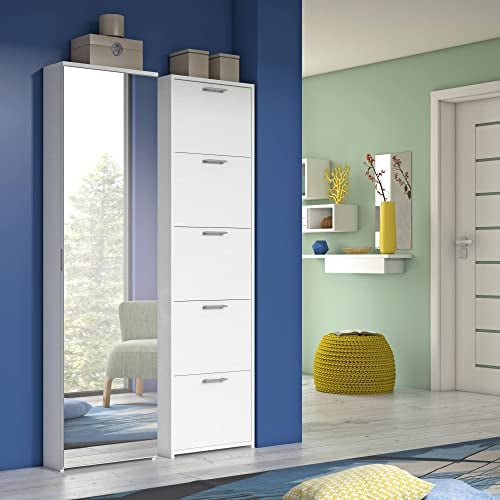 Dmora Scarpiera Ciclamino, Mobile Multiuso da ingresso con anta a Specchio, Armadio Moderno portascarpe a 5 ripiani, 100% Made in Italy, 50x18h178 cm, Bianco