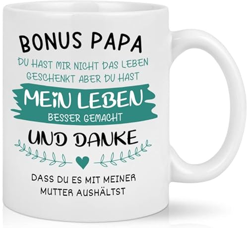 Joymaking Tasse mit Spruch - Bonus Papa - Kaffeetasse lustig Vatertagsgeschenk/Geschenkidee Geburtstag für Papa/Stiefvater Geschenk, Spülmaschinenfest Tasse, 11oz Weiß