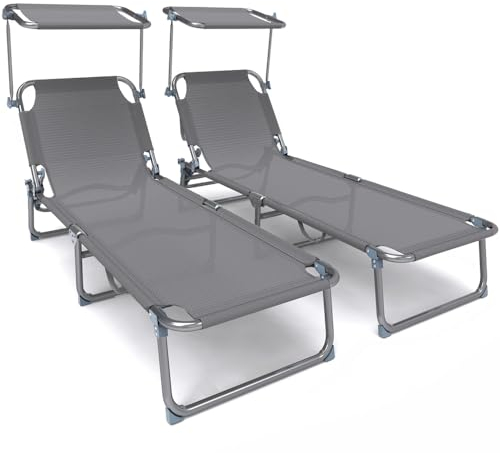 vounot® Lot de 2 Chaise Longue Bain de Soleil avec Pare Soleil Transat Pliable en Textilène avec Parasol Bain De Soleil inclinable en Textilène avec Charge Max 110KG Chaise Longue réglable Gris