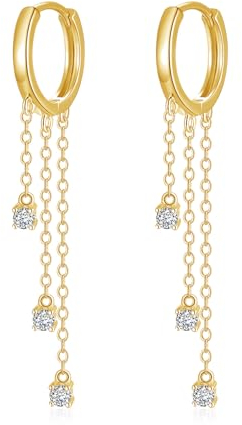Hasnsofie Silber Hängend Ohrringe, 925 Sterling Silber Kleine Creolen für Damen, Hypoallergen Gold Ohrhänger Mit Drei Lange Ketten, Kreolen Zirkonia Hängeohrringe Zum Geburtstag