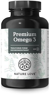 Nature Love Premium Omega 3 NEU - 120 Kapseln - 1000mg Fischöl pro Kapsel mit 80% Omega 3 Anteil (EPA & DHA) - Hochdosiert und hoch bioverfübar durch Triglycerid-Form - aus nachhaltigem Fischfang