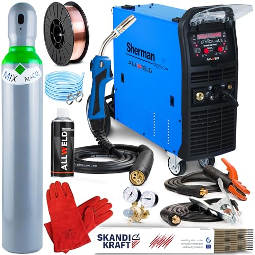 Sherman DIGIMIG 300 Doppelpuls - 3 in 1 MIG MAG Schutzgasschweißgerät Synergisch mit Puls in jedem Schweißverfahren - mit 4-Rollen Drahtvorschub - MMA, WIG DC und Punktschweißen - Set: Professional