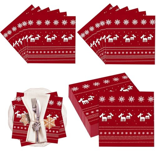 Servietten Weihnachten, 40 Stück Weihnachtsservietten, Rentier-Schneeflocken-Muster, Tischdeko Weihnachten, 2 Lagen Einwegservietten, geeignet für das Weihnachtsessen