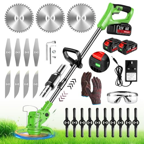 Metal Blade Cordless Strimmer 21v Electric Garden Cordless Retractable Grass Trimmers with Li-ion Battery and Charger Brush Cutter 90° Head Rotation Strimmer Cordless for Gardens Lawns(Green)