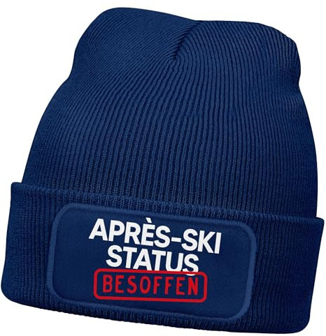 MoonWorks® Herren Beanie mit Patch Strickmütze Spruch Après-Ski Status: Besoffen Lustig Mütze Männer Dunkelblau Unisize
