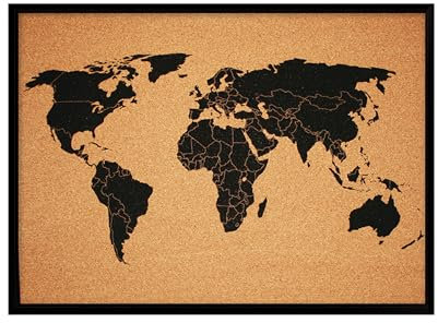 Weltkarte Pinnwand 50x70 cm, Korkboard mit schwarzer Kontinentalkarte, Schöner klassischer Rahmen