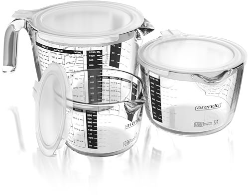 Arendo - Messbecher Set aus Glas mit Deckel - Größen 250ml, 500ml, 1000ml (0,25l 0,5l 1l) – Messkrug Glas Krug – Borosilikatglas – präzise Skala – hitzebeständig – Mikrowellen geeignet