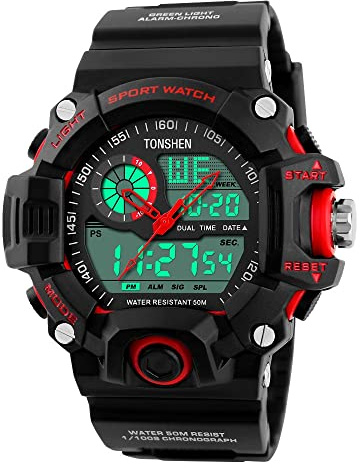 TONSHEN Men's Military Sport Watches Multifunction Waterproof Analog Display Dual Dial Two Timezone Electronic 12H/24H Time Calendar Day Date 164FT 50M Water Resistant Digital Wristwatch