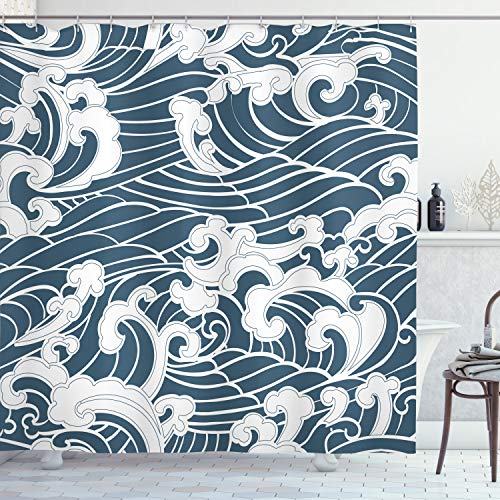 ABAKUHAUS japanische Welle Duschvorhang, Fluss Sturm Retro, Stoffliches Gewebe Badezimmerdekorationsset mit Haken, 175 x 200 cm, Slate Blau Weiß