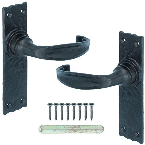 2X Black Antique Solid Cast Iron Door Handles - Pair of Ornate Style Internal Lever Openers