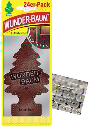 Wunderbaum 24er-Box Original Lufterfrischer Leder/Leather (vormals Echtleder) Duftbaum inkl. 1 x Glasreinigungstuch von SP Großhandel Gratiszugabe