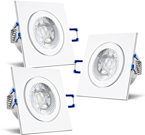 trendlights24 Mare IP44 Bad LED Einbaustrahler 230V 3 Stufen dimmbar 3x Set | ultra flach, 35 mm Einbautiefe, Weiß, eckig, Spot, 5W, Warmweiß, 3000k, 3 Step dimmbar, für Feuchtraum, Badezimmer