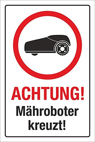 WERBEPUNKT. Schild Achtung Mähroboter Rasenroboter Rasenmäher Hinweisschild 3 mm Alu-Verbund 450 x 300 mm