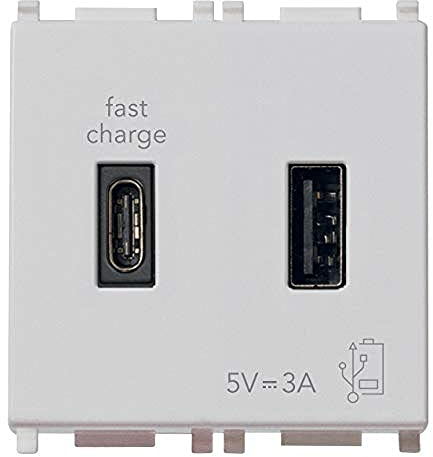 Vimar 14295.AC.SL Plana USB-Steckdose 5 V 3 A, 1 USB-Ausgang Typ A und 1 Typ C, insgesamt 3 A zum Aufladen eines Geräts bis zu 3 A oder gleichzeitig zwei Geräte