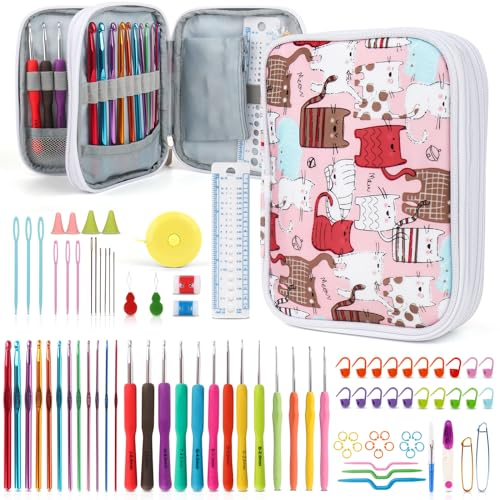 Katech Häkelnadel Set, 99 Stück Ergonomische Häkelnadeln Set mit DIY Stricken Zubehör und Tragbaren Tasche, Häkeln Set für Alle Muster Wollarten