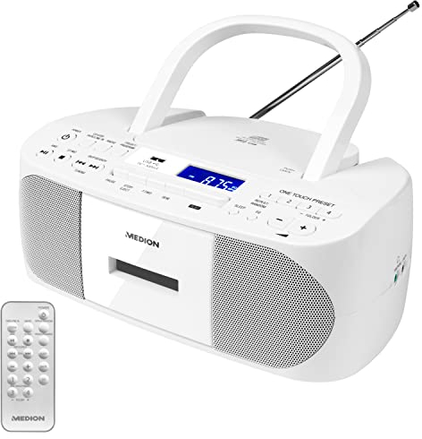 MEDION Radio stéréo E65010 (Lecteur CD, Cassette, Connexion USB, entrée Audio AUX, Lecture MP3. Radio FM PLL, mémoire 40 Stations, Fonctionnement sur Batterie, télécommande) Blanc