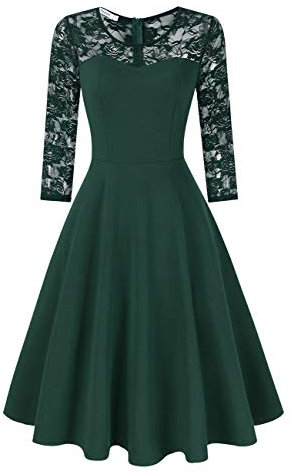 KOJOOIN Women's Floral Lace Dress Round Neck Cocktail Party Dress Vintage Swing Dress Green-01 Long Sleeve M