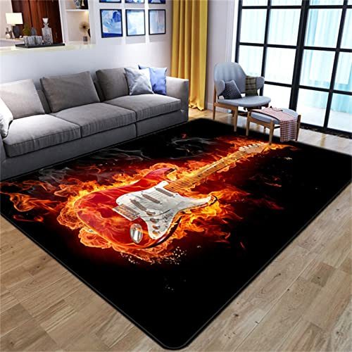 PEIHUODAN Music Living Room Rug Orange Black Flame Skull Rock Guitar Area Rug Kids Boys Men's Bedroom Rug Decoration Non-Slip Runner Yoga Mat Corridor Kitchen Sink Rug Chair Mat (Colour 1,120x180 cm)