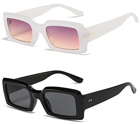 YUELUQU Damen Retro Rechteckige Sonnenbrille 90er Quadratisch Nude Dicker Rahmen Sonnenbrille Mode Accessoires, Weiß/Schwarz, Medium