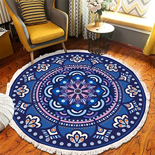 Tomifine Mandala Rund Teppich Quasten, Böhmen Handgewebte Baumwolle Teppiche für Schlafzimmer Wohnzimmer Hausdekor (60 cm,Dunkelblau)