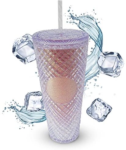 Nadia's Little Treasures Jewelled Plastic Tumbler Cup - Plastic Double Walled Cold Cup for iced Coffee, Water, Slush or Smoothies, Your Home Cinema Cup Pink Glitter