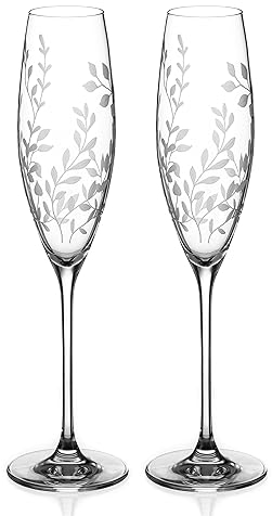 DIAMANTE Crystal Champagne Flutes Prosecco Glasses Pair - ‘Breeze’ - Intricately Etched Floral Leaves Pattern - Set of 2