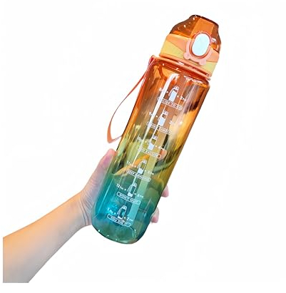 SEASEVEN Water Bottle with Straw 1L,Boys Water Bottles with Straw 1 Litre,Waterbottle Leak-Proof Sports Water Bottle,Plastic Drinks Bottles Toxin Free,Bpa-Free (Orange-Cyan)
