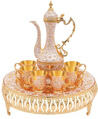 LUNICASHA Vintage Türkische Kaffeekanne Set, Türkisches Teeset mit Tablett und 6 Teegläser, Türkische Teegläser Set, Gold türkische Teekanne Ornament, Kaffekanne Marokkanische für Home Tea Party