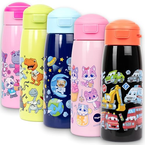 fringoo Bouteille d'eau pour Enfants avec Paille 350 ML en Acier Inoxydable, Double paroi isolée, 100% étanche et verrouillable, poignée de Transport, contrôle de la température 12 Heures, Motif voi