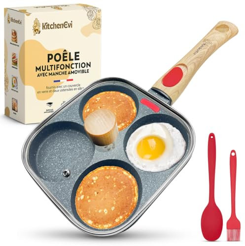 KitchenEvi Poele a Pancakes à Induction avec Manche Amovible, Couvercle en Verre robuste et Spatules - Poele induction Multifonctions pour Oeufs et Pancake - Poêle a crepe et poele a oeuf antiadhésive