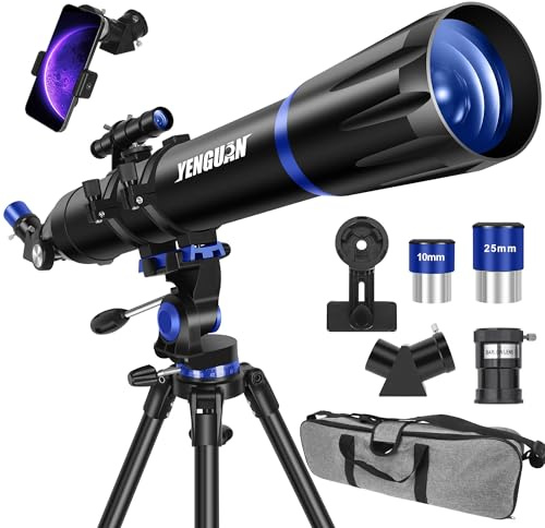 Teleskop, 90 mm Öffnung, 800 mm Teleskop für Erwachsene und Kinder, professionelles Refraktor-Teleskop für Erwachsene, leistungsstark, Anfängerfreundlich, Handy-Adapter und stabiles Edelstahlstativ
