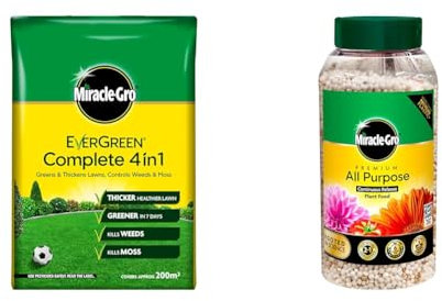 Miracle-Gro Evergreen Complete 4-in-1 Lawn Food - 200 m2, Lawn Food, Weed & Moss Control, Yellow & Continuous Release All Purpose Plant Food, 900G
