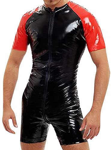 Bauzuoyo Bodysuit Herren PVC Body Sexy Männer Lack Leder Overall Latex Wetlook Catsuit Jumpsuit Einteilige Lackleder Bodysuit Lack-Optik Unterhemd Stringbody Nachtclub mit Reißverschluss