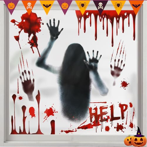Dwafill Halloween Blutige Hand Aufkleber, Fenster Sticker Horror, Halloween Zombie Poster, Gruselige Fensterbilder, Halloween Deko Fenster Aufkleber, für Halloween-Dekoration, Halloween-Partys(Rot)