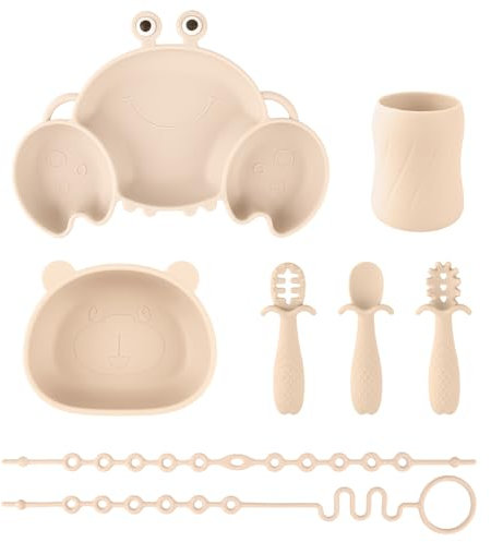 Set Vaisselle pour Bébé Silicone avec Ventouse, 8 Pièces, Set Repas pour Enfants, Inclus Anti-dérapant Assiette, Bol, une tasse, 3 cuillères et 2 sangles de sécurité, sans BPA (Beige)
